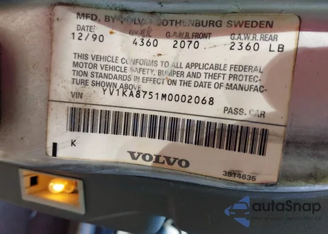 1991 Volvo 940 Se z USA, uszkodzony, nr VIN YV1KA8751M0002068